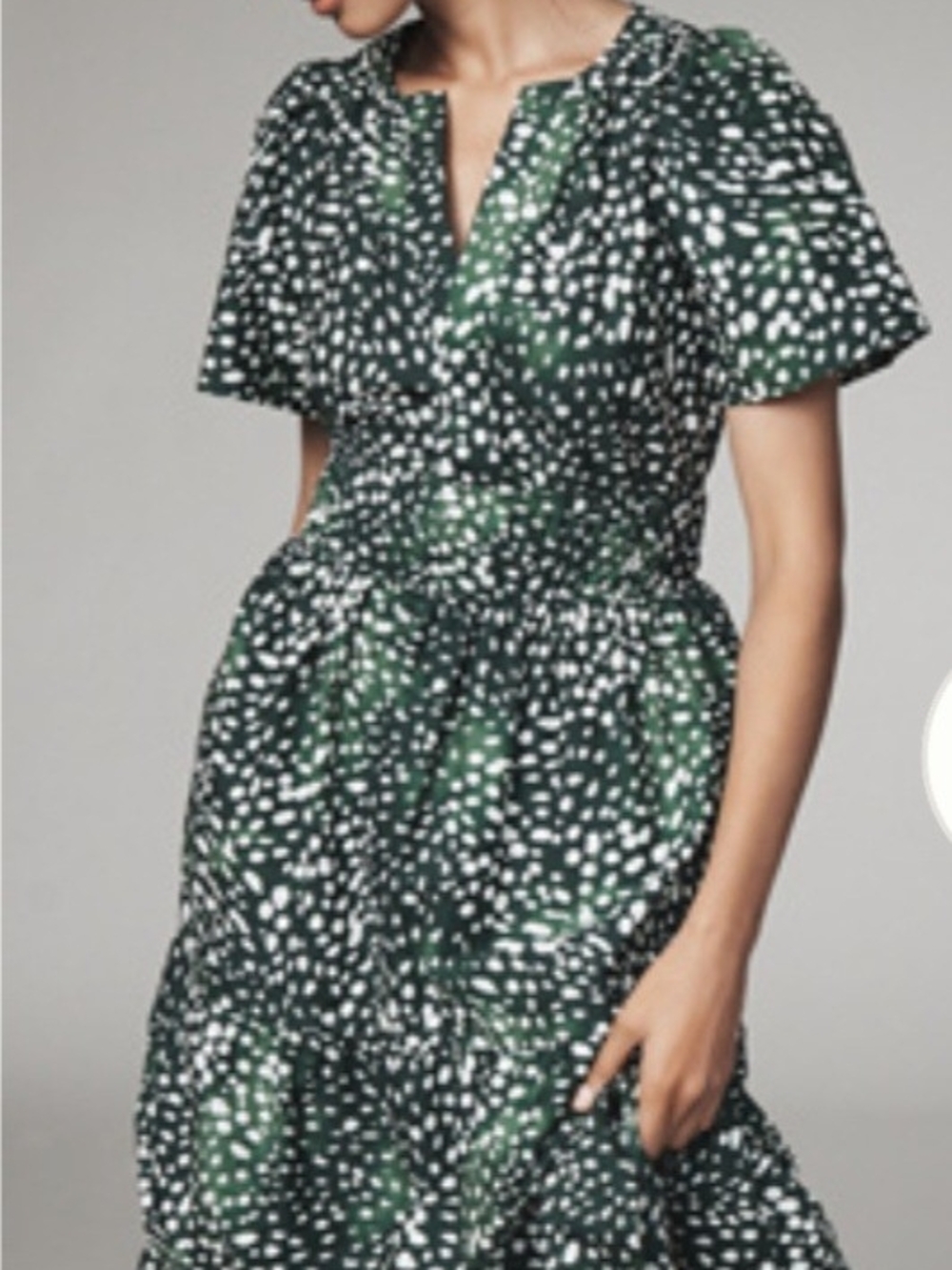 Green and White Printed V-Neck Tiered Midi Dress